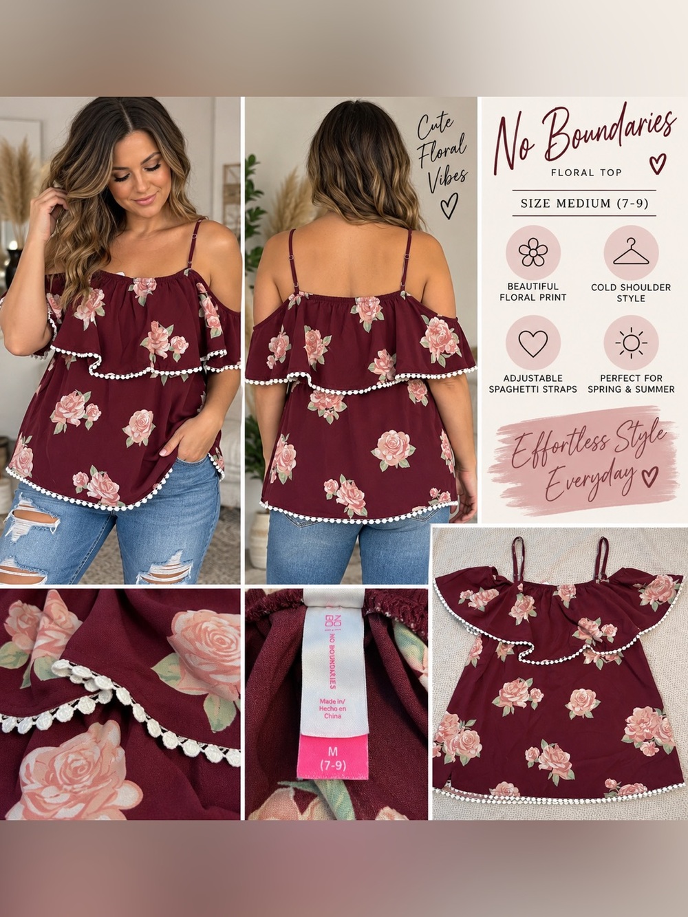 No Boundaries Burgundy Floral Cold-Shoulder Camisole with Pom-Pom Trim